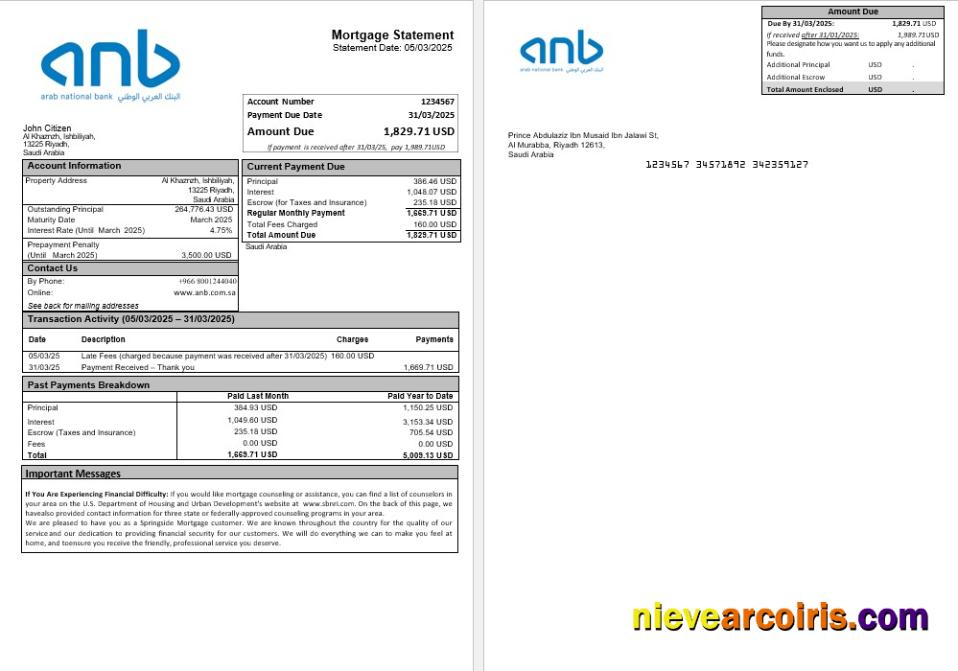 Saudi Arabia Arab National Bank ANB mortgage statement